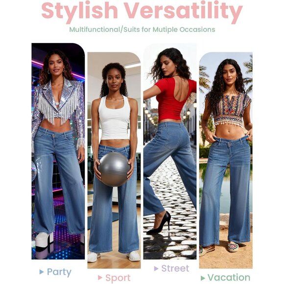 Women's Low Rise Wide Leg Stretch Denim Jeans Casual Boyfriend Fit - Picture 7 of 7